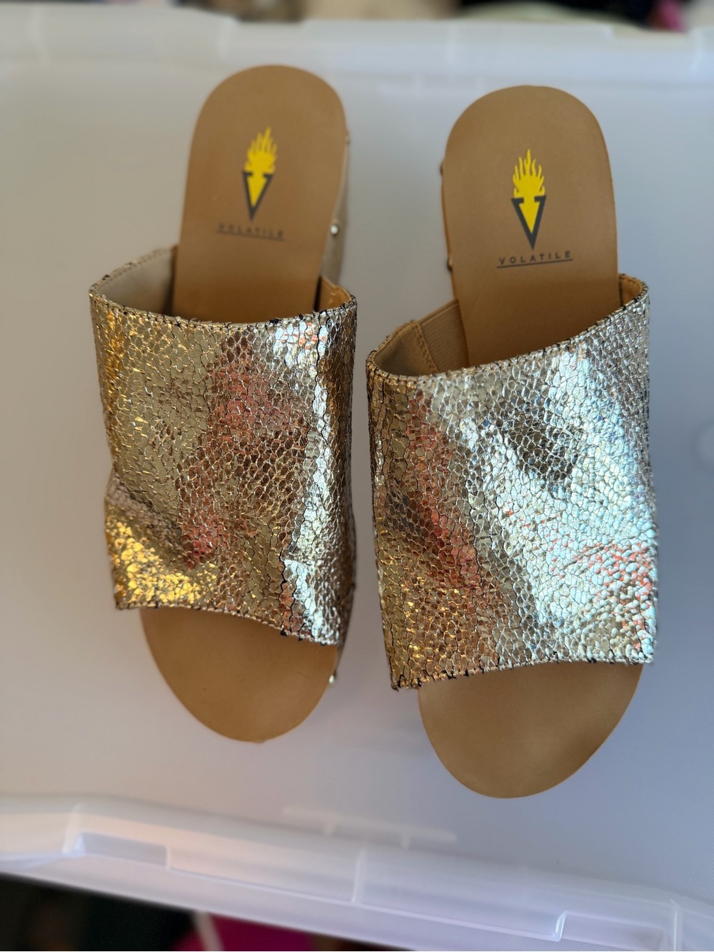 Volatile Metallic Gold Platform Textured Slide Mules